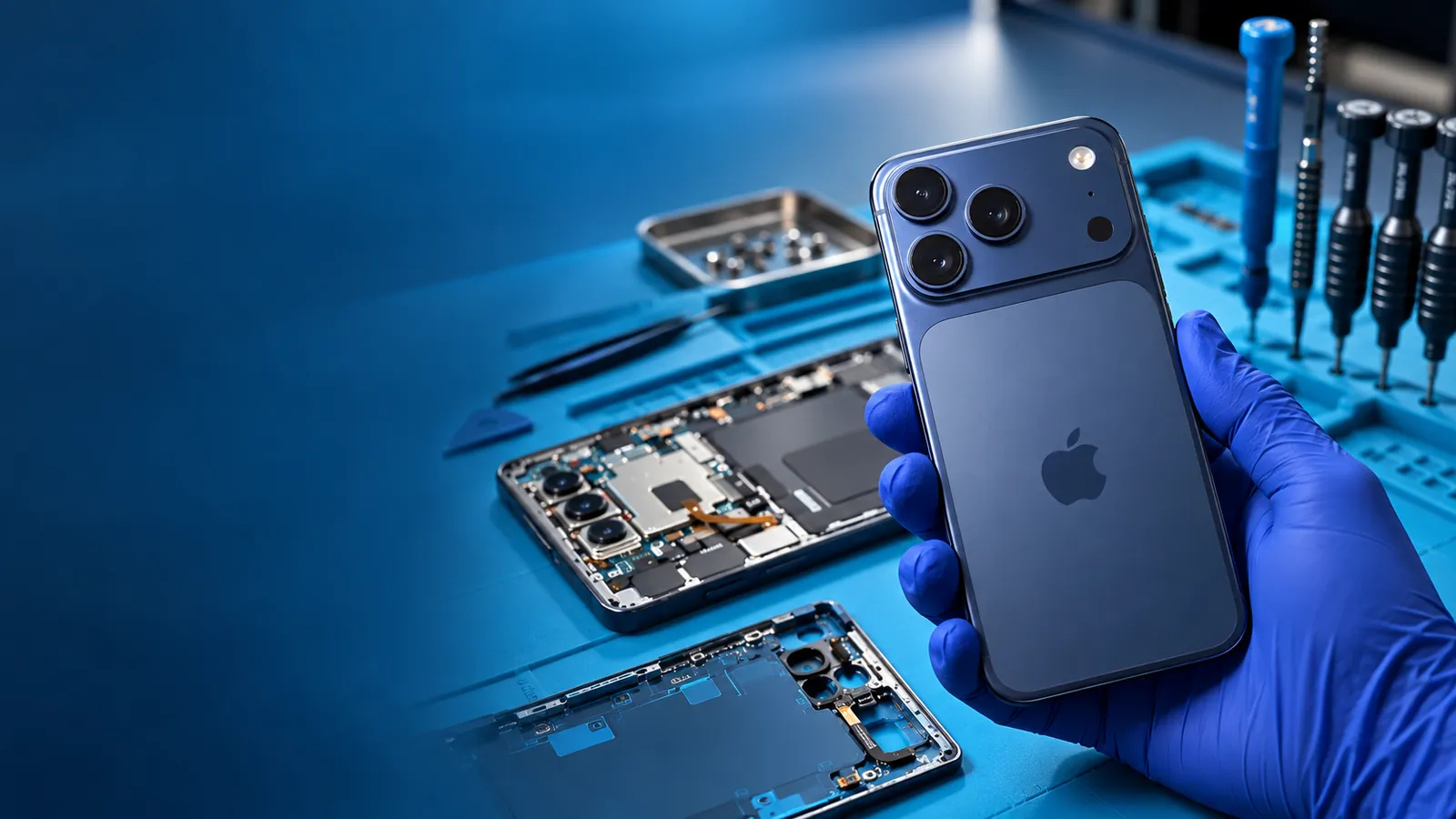 Vizuál servisu iPhone s detailom zariadenia na servisnej podložke
